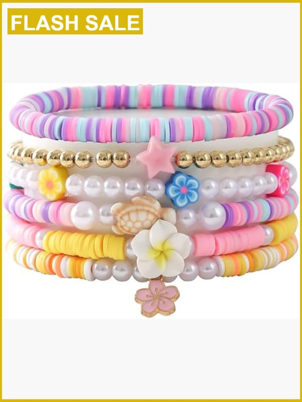 Bohemian Heishi Bead Bracelet Set - Star Flower Charms, Turtle, Evil Eye -